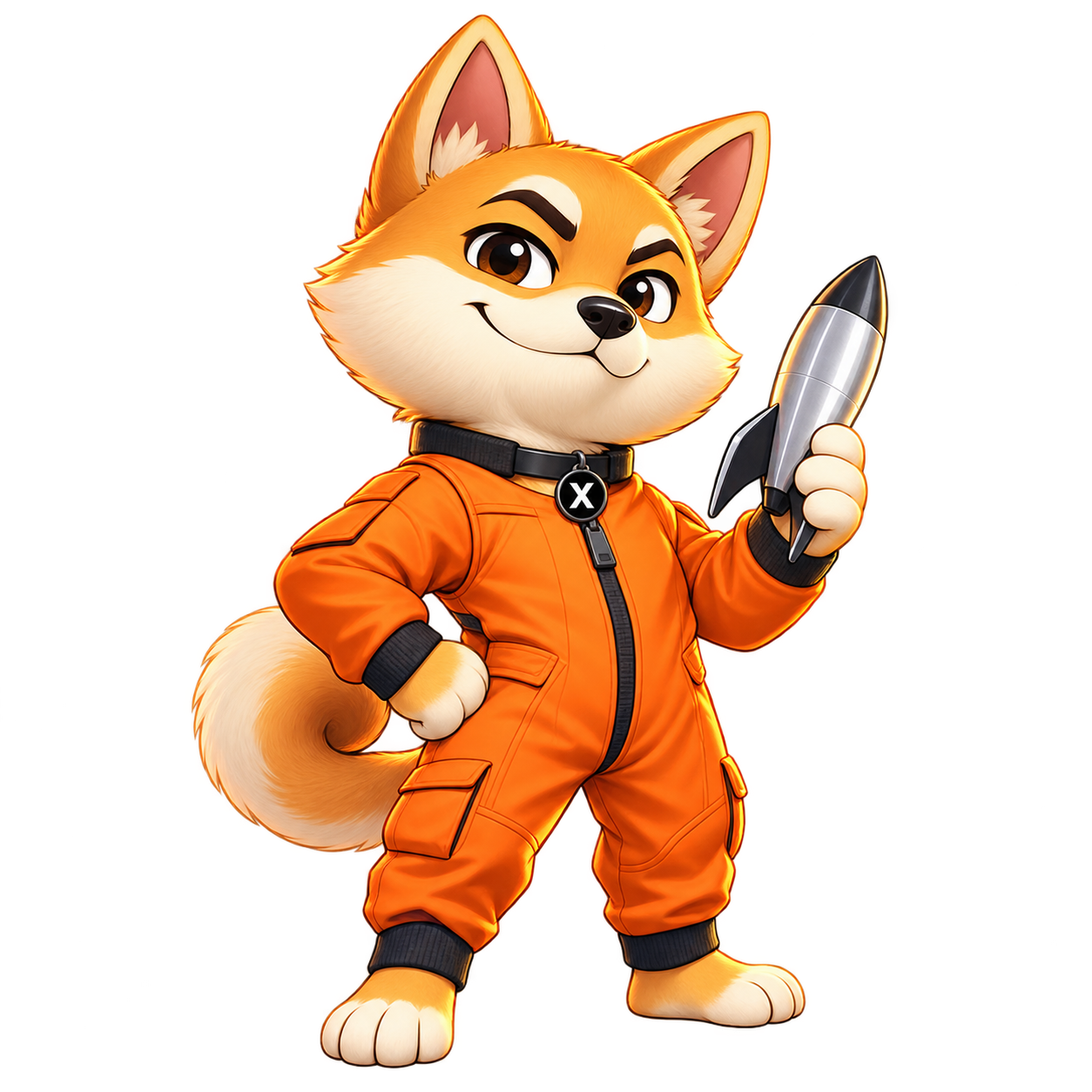 Meet X, the EI dog mascot, wearing an orange flight suit and holding a rocket