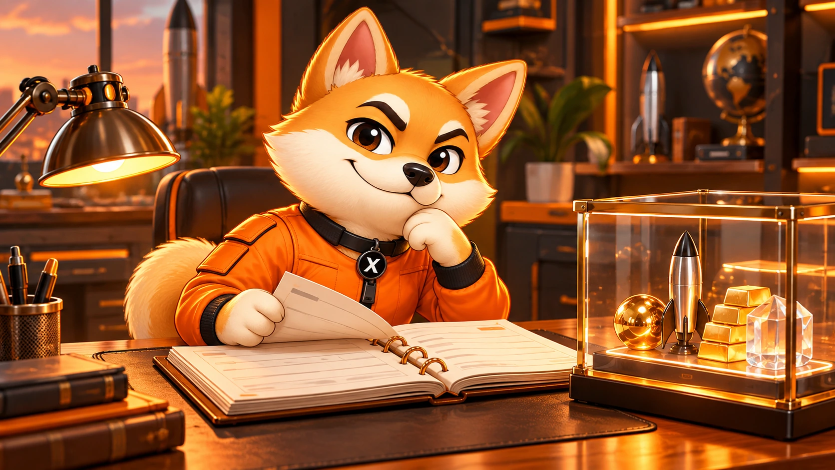 X reviewing an open treasury ledger in his workshop office