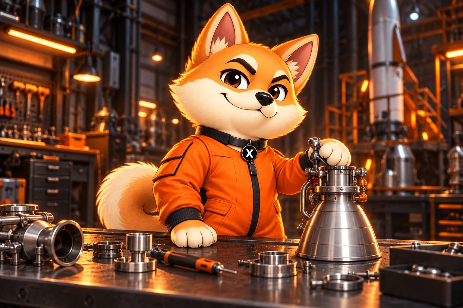X building a rocket engine in his workshop